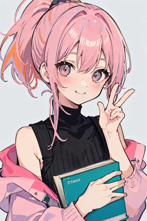 anime girl, small, looking up, facing up, pink hair, grey background, ponytail, holding book close Infront of face, blushing, happy, up close, half body, upper body, top down capture, from the top view, right hand peace sign, smiling