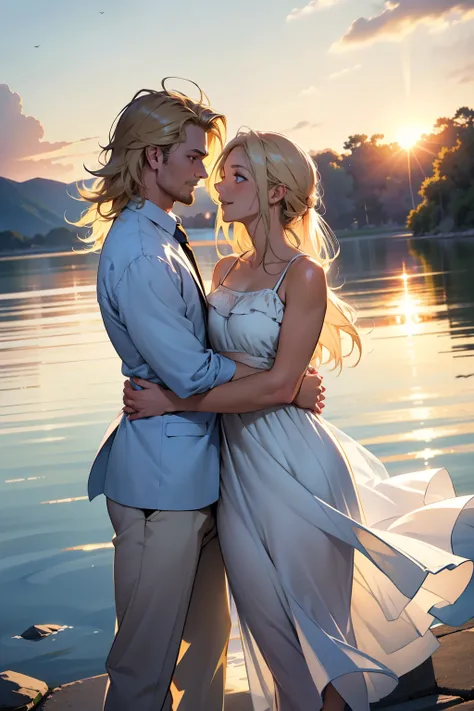 Stylish couple with slim figures in summer photography style, framed against a backdrop of a sunset sky and serene lake view. The woman, dressed in a flowy, pastel-colored sundress that gracefully billows in the gentle breeze, has her golden locks cascadin...