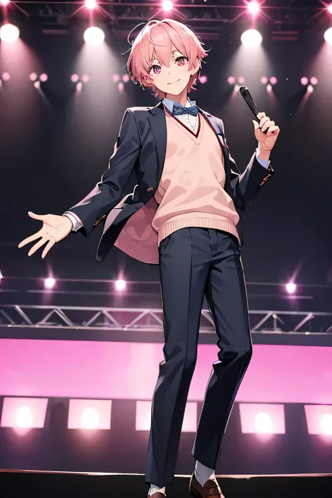 17-year-old Japanese teenager , member of the idol group I-(CG) , short pink hair, pink eyes, fair skin, 177cm tall and wears his school uniform of an open blazer, sweater vest, and black pants paired with loafers, smile , stage background