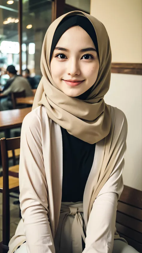 ((best quality)), ((masterpiece)), perfect face, sits in cafe, indonesia, hijab, sharp nose, smile, half body