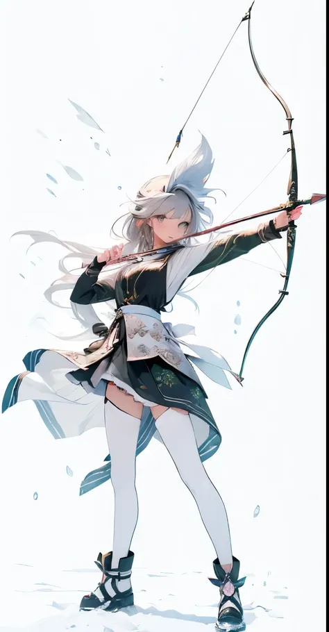 (masterpiece, best quality: 1.2), 1 girl, alone, animation art, (look directly) Face focus, best quality, Super detailed illustration of a woman drawing a bow with magic arrows, Beautiful and detailed eyes in the dreamy forest, silver hair, Dressed in soph...