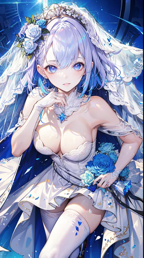 (best quality)+,(on the table)++,(Super detailed)++, Masterpiece Top Quality Super Fine Illustration High Detail Lighting Perfect Lighting, (1 bride:1.3),, First class female body, Perfect body, beautiful breasts, View from the front, from above, delicate ...