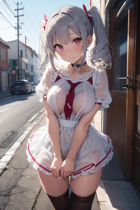 beautiful girl, Cute like an idol, young, silver hair, pink eyes, small limbs, short fingers, primary school student, big breasts, nipple, nipples, embarrassed face, Watery eye, twin tails, big ribbon on head, transparent pink dress, white tights, Clothes ...