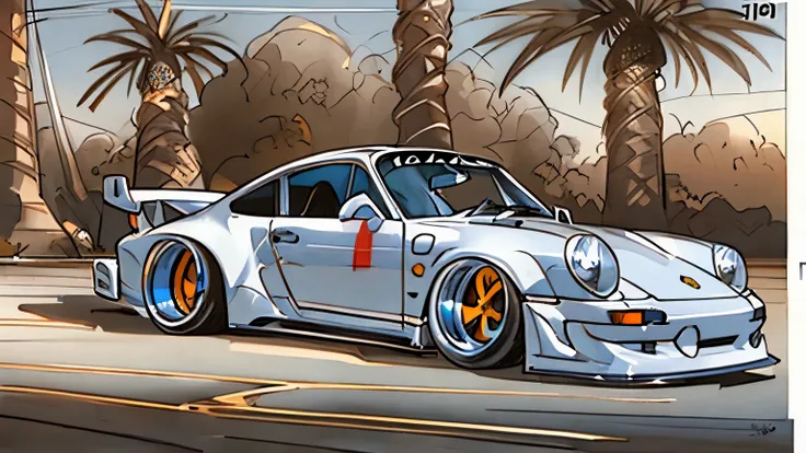 1994 white porsche 911 rwb, wide body, sketch, 
cartoonish, comic strip, chip foose car rendering, chrome wheels, bagged, slamme...