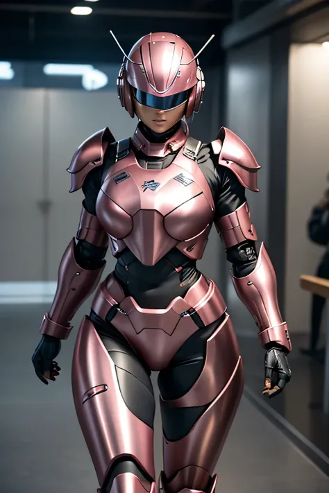 female robocop solo、Armor that completely covers the whole body、very large armor、Helmet with straight goggles to hide eyes、metallic salmon pink armor、Armor that completely covers the chest、thin and long legs、Vibrant posel body view