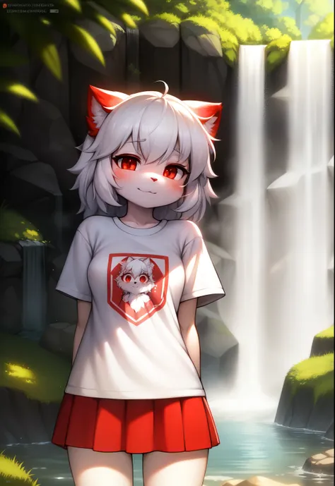 hairy, white fur, super cute face, red elements on fur, Luminous T-shirt, beautiful light and shadow, ambient light, Super fine fur, Volumetric light，Under the waterfall