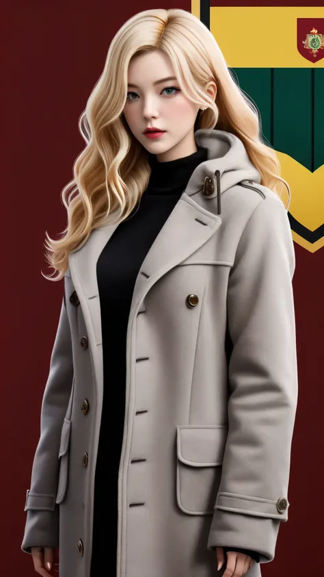 Realistic Red Sotheby Girl Photo，35 year old beautiful woman，long side waves，delicate blonde hair，cool look，background is gray，Coat of arms of the Principality of Zeon，