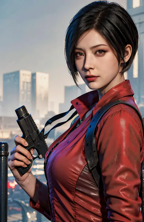 1 beautiful girl，resident evil，actual skin texture，realistic hair，have a gun in hand,looking at camera, short hair, black hair, ...