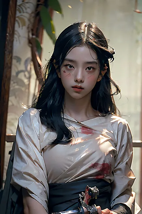 (RAW photo, 4k, realistic, exquisitely detailed skin), masterpiece, best quality, official art, unity 8k wallpaper, ultra detailed,(dark scene,low key,soft lighting:1.3), cinematic look,high saturation,best anatomy,volumetric fog,
a samurai girl, slim body...