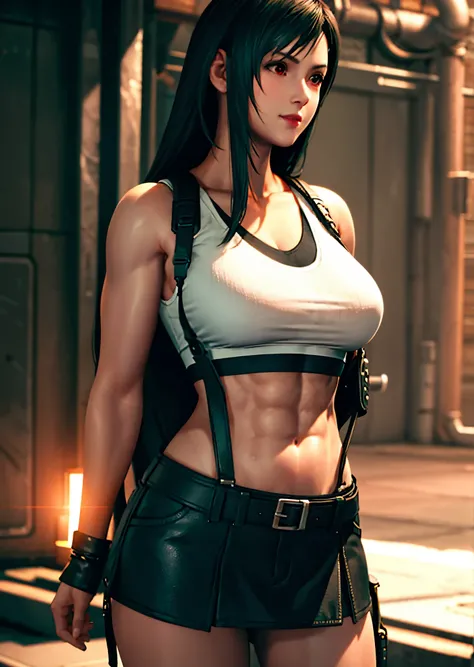 (realistic: 1.4), highest quality, very delicate and beautiful, High resolution, 1 girl, Tifa_lock heart, smile, cowboy shot, suspenders, low rise, mini skirt, Tank top, nervous shirt, black hair, long hair, elbow bag, beautiful detailed red eyes, face lig...