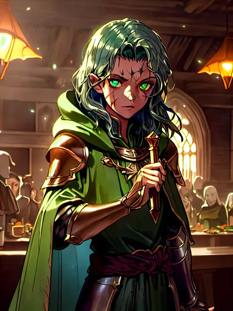 solo, young boy, adventurer, , hooded cape, green medium length wavy hair (standing:1.3), (tunic:1.2), (tavern:1.23), light armor, (leather rouge armor), (scar along cheek:1.3), silver dagger, detailed eyes, green eyes, dagger sheath, (bust portrait), (det...