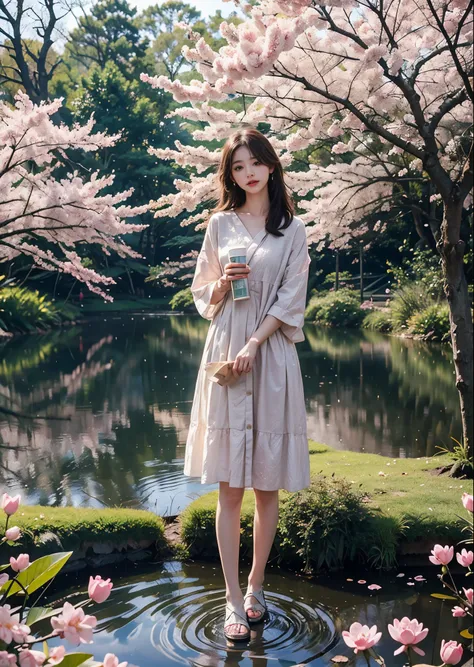 A girl standing by a pond in the forest、There are many cherry blossom trees around the pond.、The cherry blossoms are in full bloom and petals are floating in the pond.、 (high color saturation,catch light:1.0), (highly detailed skin), (highest quality:1.0),...