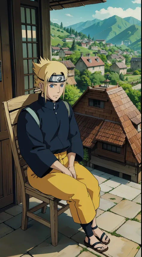 Naruto, perfect image, perfect eyes, Looks old, sitting on a chair, In front of the house, the view of the village.