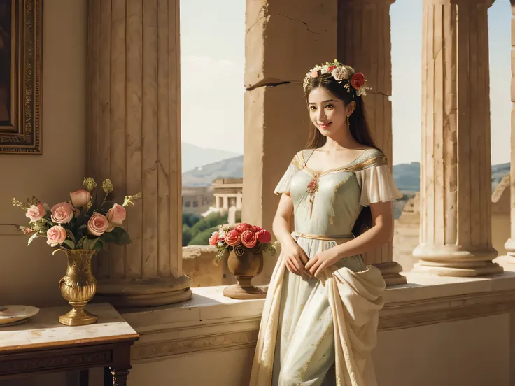 Raffaello Santi painting style,Arguments of two female 、roses in vase、fruits、Cute trinkets、smile、ancient greek costume、Woman standing on ancient Roman ruins ,A big smileare skin,