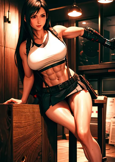 (realistic: 1.4), highest quality, very delicate and beautiful, High resolution, 1 girl, Tifa_lock heart, smile, cowboy shot, suspenders, low rise, mini skirt, Tank top, nervous shirt, black hair, long hair, elbow bag, beautiful detailed red eyes, face lig...