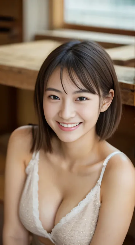 masterpiece,best quality,(Japanese ),((Beautiful girl)),cleavage,indoor,(perfect body beauty:1.2),(shy smile),beautiful teeth,