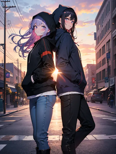 Takiuchi Kame, check it out, long hair, bangs, black hair, (purple eyes:1.2),blush,smile,happy atmosphere,blue hoodie,hooded,Short denim pants with the back hair hidden in the hood,black pantyhose,short boots,evening,sunset,the sun sets,Both hands are in t...