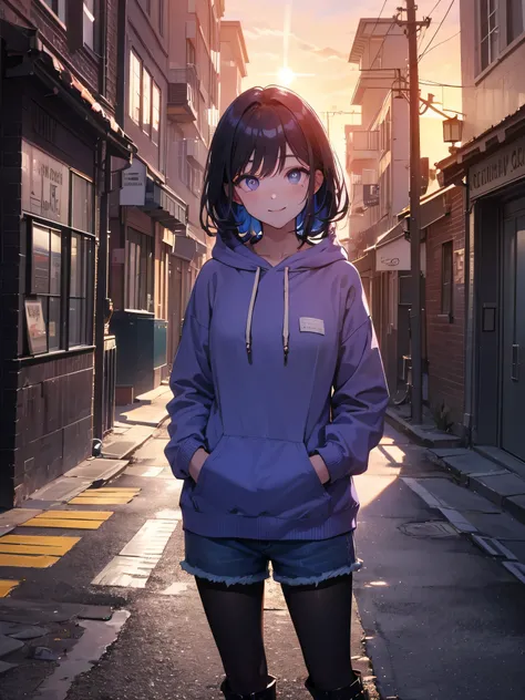 Takiuchi Kame, check it out, long hair, bangs, black hair, (purple eyes:1.2),blush,smile,happy atmosphere,blue hoodie,hooded,Short denim pants with the back hair hidden in the hood,black pantyhose,short boots,evening,sunset,the sun sets,Both hands are in t...