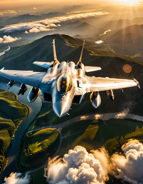 wide shot photo of modern fighter jet, raw, ((fighter jet):1.3), ((majestic decal):1.1), ((tyndall effect):1.2), ((aerial view o...