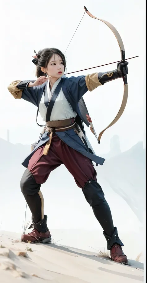 a girl who draws a bow and shoots arrows，wearing hanfu，