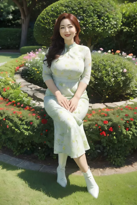 ((top quality、8k、masterpiece:1.3))、sharp focus, High level of image quality, high resolution，,Floral green round neck dress，37-year-old woman with long wavy hair，Mature，charming smile，Draw lips correctly, red lipstick，stand，Leg length，white boots，Chubby bo...