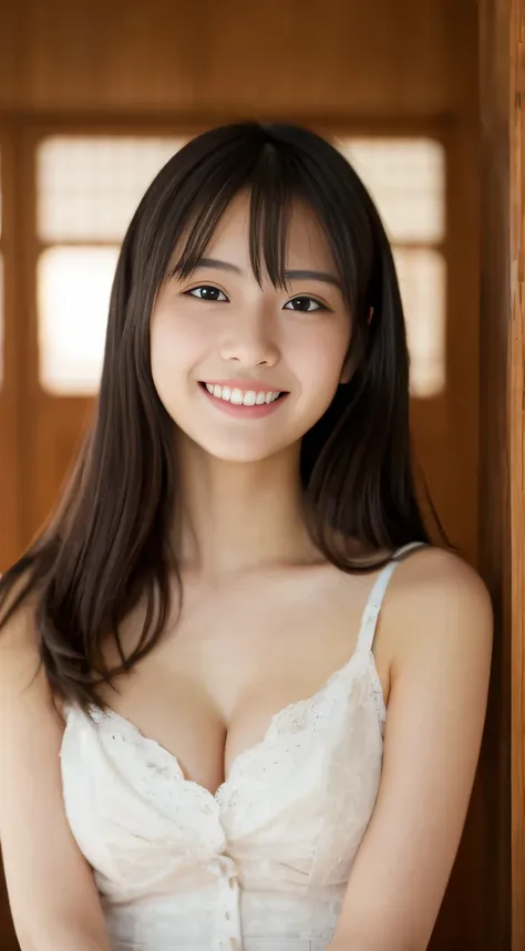 masterpiece,best quality,(Japanese ),((Beautiful girl)),cleavage,indoor,(perfect body beauty:1.2),(shy smile),beautiful teeth,