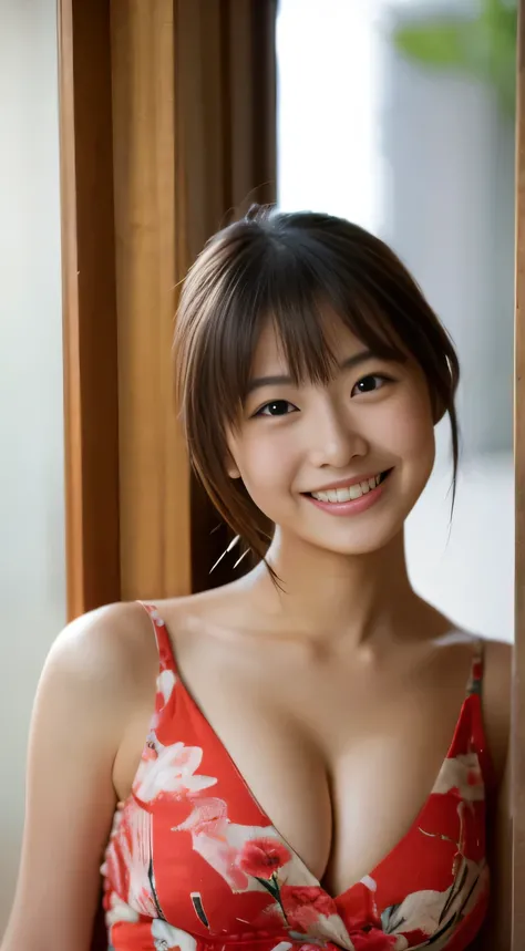 masterpiece,best quality,(Japanese ),((Beautiful girl)),cleavage,indoor,(perfect body beauty:1.2),(shy smile),beautiful teeth,