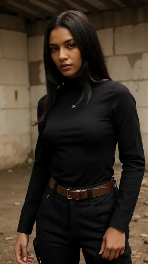 Mulher negra, cabelo negro, roupa, pants, colete a prova de bala, colete, roupa de guerra, segurando arma, estilo guerra, fundo de guerra, terra seca