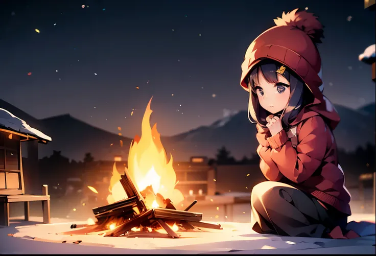 girl camping、Beautiful girl sitting facing the bonfire、starry sky、Yuru Camp、animation、bonfire in the center、snow scene