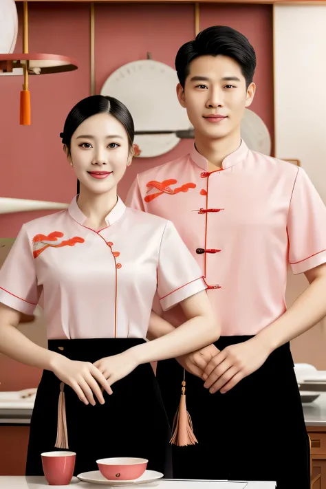 a pair of chinese, Full body photo wearing rr restaurant uniform, work clothes, Chinese style, colorful  搭配红色围裙  work clothes, white , nanquan, Traditional Chinese costumes, , embroidered sweatshirt, hua cheng, pink undershirt, Hou China black trousers