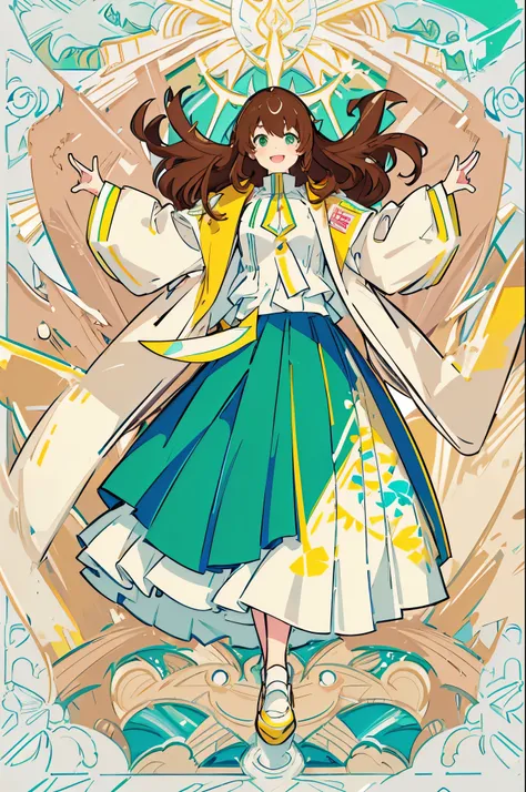 ４K wallpaper、（highest quality）(flat color：0.9)、illustration、（colorful background）、Super detailed、masterpiece、Neon Art、1 girl、smile、detailed eyes、long hair、brown hair、beige clothes、open jacket、raising both arms、long skirt、big breasts、leaning forward、white、y...
