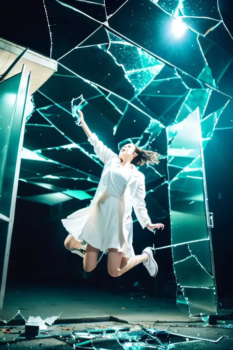 Jump in the air, 1 girl, open your mouth, outdoors, building, (Broken glass:1.5), shoes,,
shine, Reflective Glass, light pollution,doctor,white clothes
