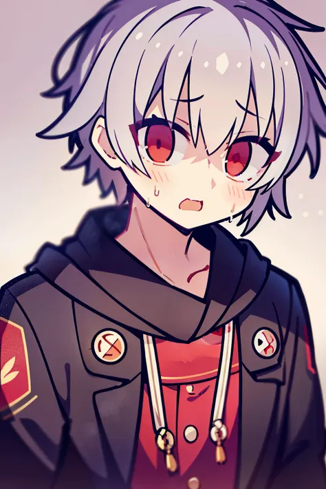 juvenile、boy、gray hair、red eyes、absolute red eyes、Have red eyes、red eyed juvenile、messy hair、very short hair、look sideways、Shadows on the face、short hair、anxious look、Sweat、open mouth
