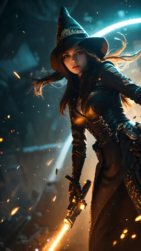 (Highly detailed 8K wallpaper), Medium shot of Loline Necromancer, particle lighting, high detail, dramatic, Gatling gun in hand, pretty background, Wearing a wizards hat, Weapons at the top of the background have been removed