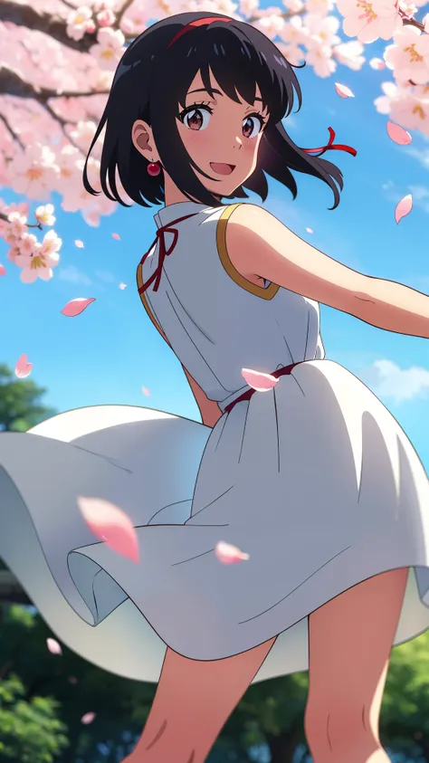 shinkai makoto, kimi no na wa., 1girl, bangs, black hair, blush, round eyes, bright eyes, brown eyes, red headband, red bow, red ribbon, short hair, shinny hair, smile, open mouth, cute, beautiful, shiny skin, looking at the viewer, solo, cute girl, white ...