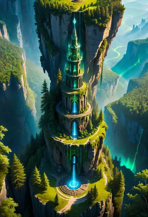 aerial view of towering steep and towering high magic tower in a cliff, wild forest, asymmetric magic circle cliff canyon, ((aer...