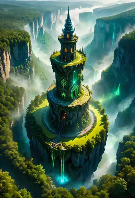 aerial view of towering steep and towering high magic tower in a cliff, wild forest, magical mist, asymmetric magic circle cliff...