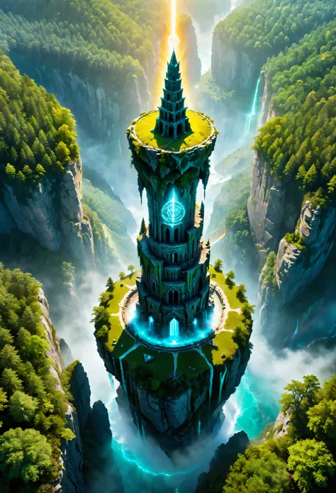 aerial view of towering steep and towering high magic tower in a cliff, wild forest, magical mist, asymmetric magic circle cliff...