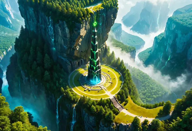 aerial view of towering steep and towering high magic tower in a cliff, wild forest, magical mist, asymmetric magic circle cliff...