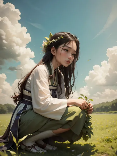 A woman squatting on the grass pulling weeds，Field of green plants on sky background, hand holding green grass, Hanfu, in field high resolution, Take care of Astha