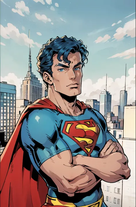 Alafid man sitting on windowsill,The background is a city, ((superman suit)),(blue eyes),90s cartoons ,marvel comic,The background is New York City,Professional comic style, prominent contour lines
