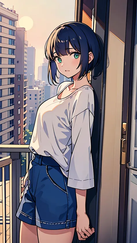 A girl standing in a balcony, white T-shirt, blue shorts, short hair, cute face, green eyes, watching the city with the sunset, gradient lighting, soft lighting, extreamly detailed, highly deatailed, wlop art style