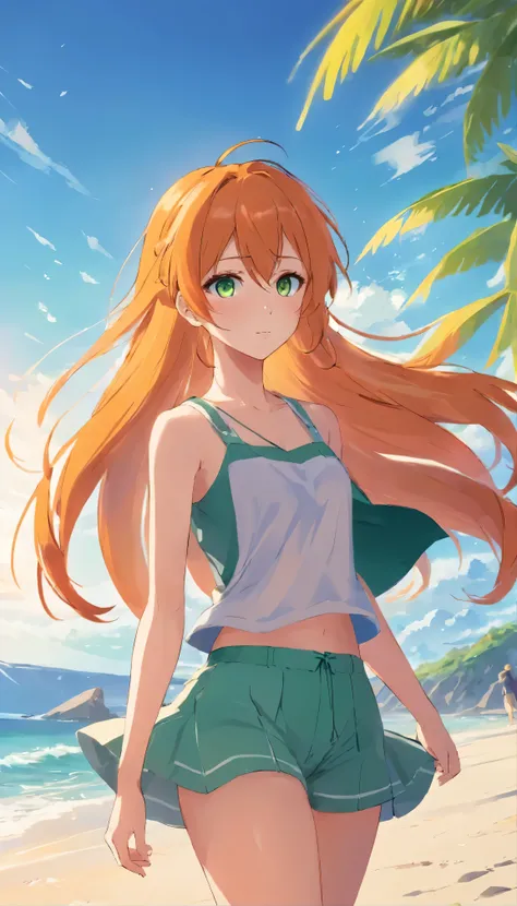 Anime girl with long orange hair, standing on the beach near the ocean, green eyes detailed digital anime art, Anime girl with long hair, гладкое аниме cg art, Anime girl with long hair, digital anime art, work in Guweiz style, Beautiful anime portrait, Ph...