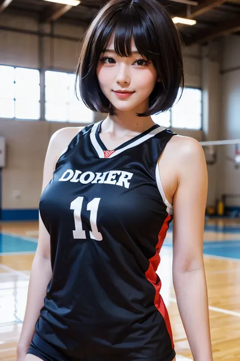 feminine、1 Lady Solo, /(volleyball uniform/), /(dark brown hair/) , A light smile with blushing cheeks, (A masterpiece of the highest quality:1.2) Super detailed and delicate illustrations, Big breasts BREAK /(Indoor volleyball court/)、short hair