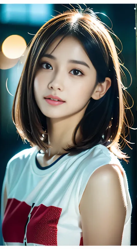 product quality, 1 girl per photo, Japanese young cute girl, long bob hair, Wearing a T-shirt with graphics printed on it, super cute face, glossy lips, double eyelids of both eyes, natural makeup, shiny smooth light brown hair of ロングヘア, asymmetrical bangs...