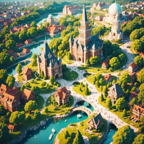 fairy tale_town，miniature， super cute clayworld，isometric viewof shanghai
city，cute clayfreeze frame animation， cute orientalpea...