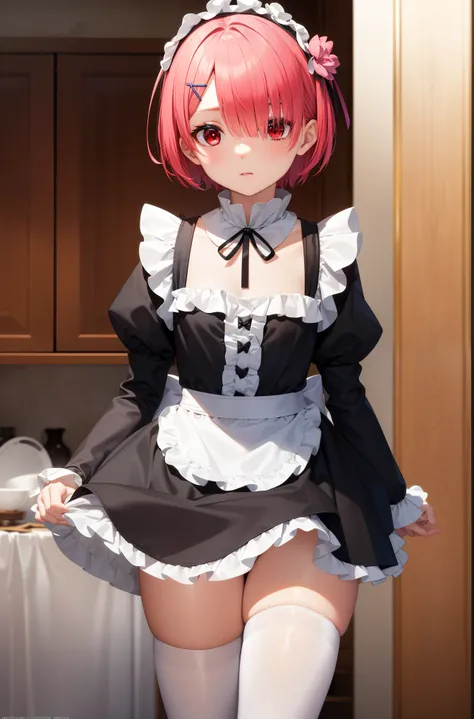 rezerorum, rum, hair flower, hair ornaments, hair above one eye, pink hair, (red eyes:1.5), short hair, x hair ornaments, bangs, blunt bangs, (flat chest:1.2),
break apron, black bow, black dress, black ribbon, bow, removed sleeve, dress, frillsエプロン, frill...