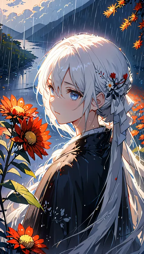 1 girl,alone,1 girl,alone,((Beautiful and delicate eyes)), (detail light),depth of field,(white hair),silver eyes,hair covering one eye,(safflower ), hair flower,long hair,black cloak,wet,emotionless,look back,night,Starfall,rain,FOG,safflowers falling,ske...