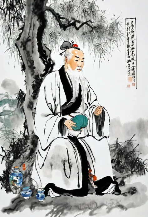 (best quality,masterpiece:1.2),perfectly detailed face,sitting under a tree,a white-haired old man,medicine gourd,chinese scener...