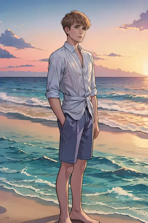 short-haired man standing in front of the sea.